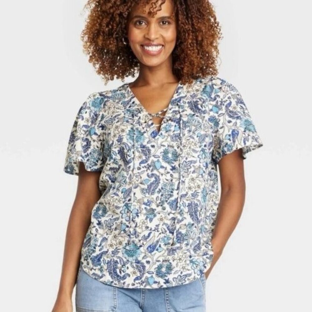 VTG Knox Rose Blue White Boho Lace Up Flutter Sleeve Top Women Size XXL